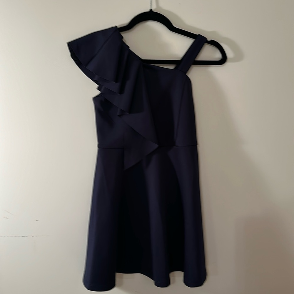 Hannah Banana Navy One-Shoulder Ruffle Dress